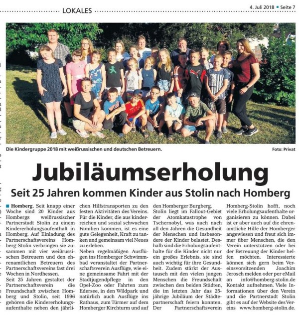 Kindererholung 2018, Homberger Anzeiger